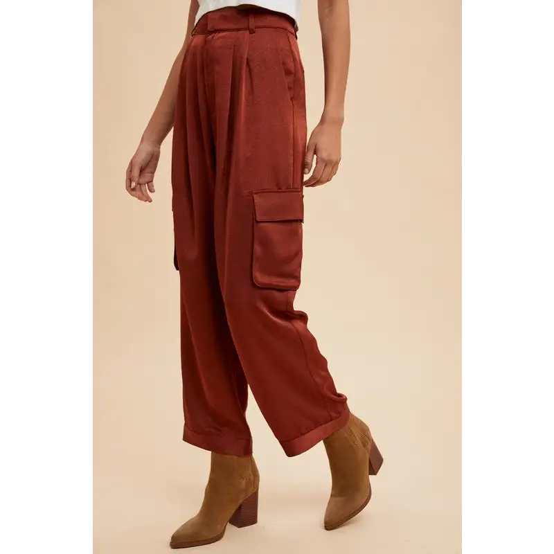 Annie Wear Wide Leg Cargo Satin Pants.