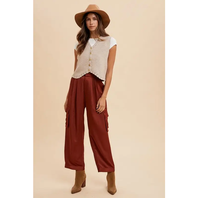 Annie Wear Wide Leg Cargo Satin Pants.