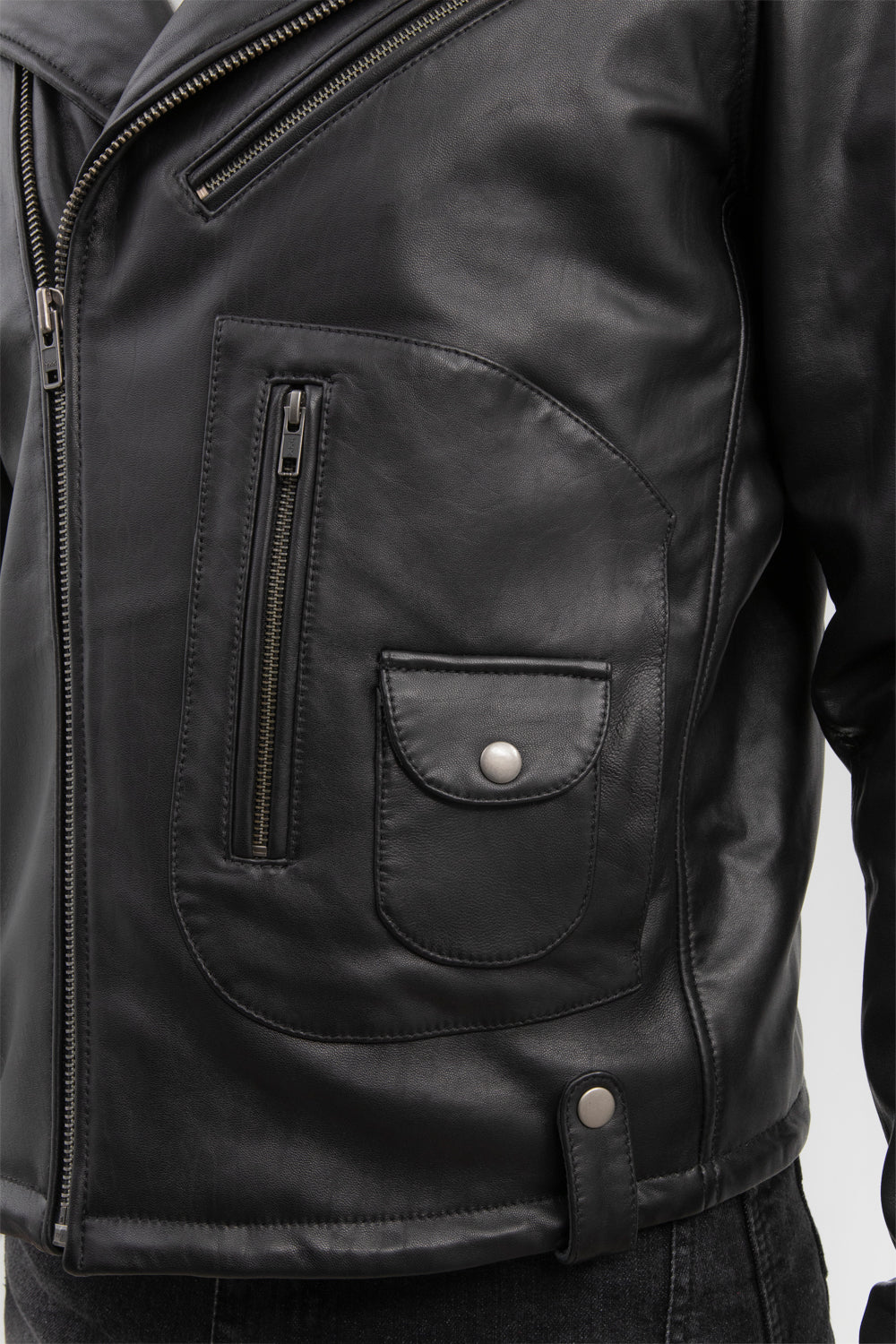 Men's black leather moto jacket zip pocket view | KRIFFA
