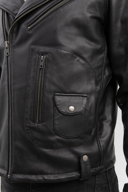 Men's black leather moto jacket zip pocket view | KRIFFA