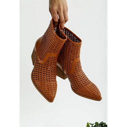 Artisole Woven Pleather Block Heel Boots.