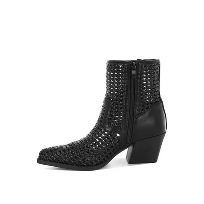 Artisole Woven Pleather Block Heel Boots.