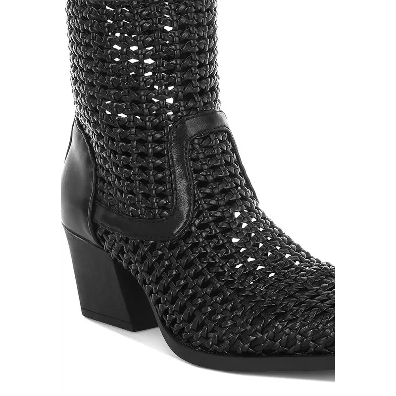 Artisole Woven Pleather Block Heel Boots.