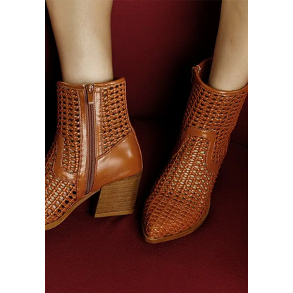 Artisole Woven Pleather Block Heel Boots.