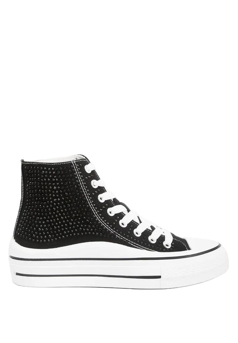 Black high-top sneaker with white laces on a white background