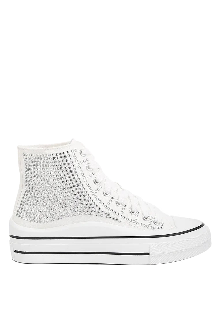 White high-top sneaker with textured top on a light gray background