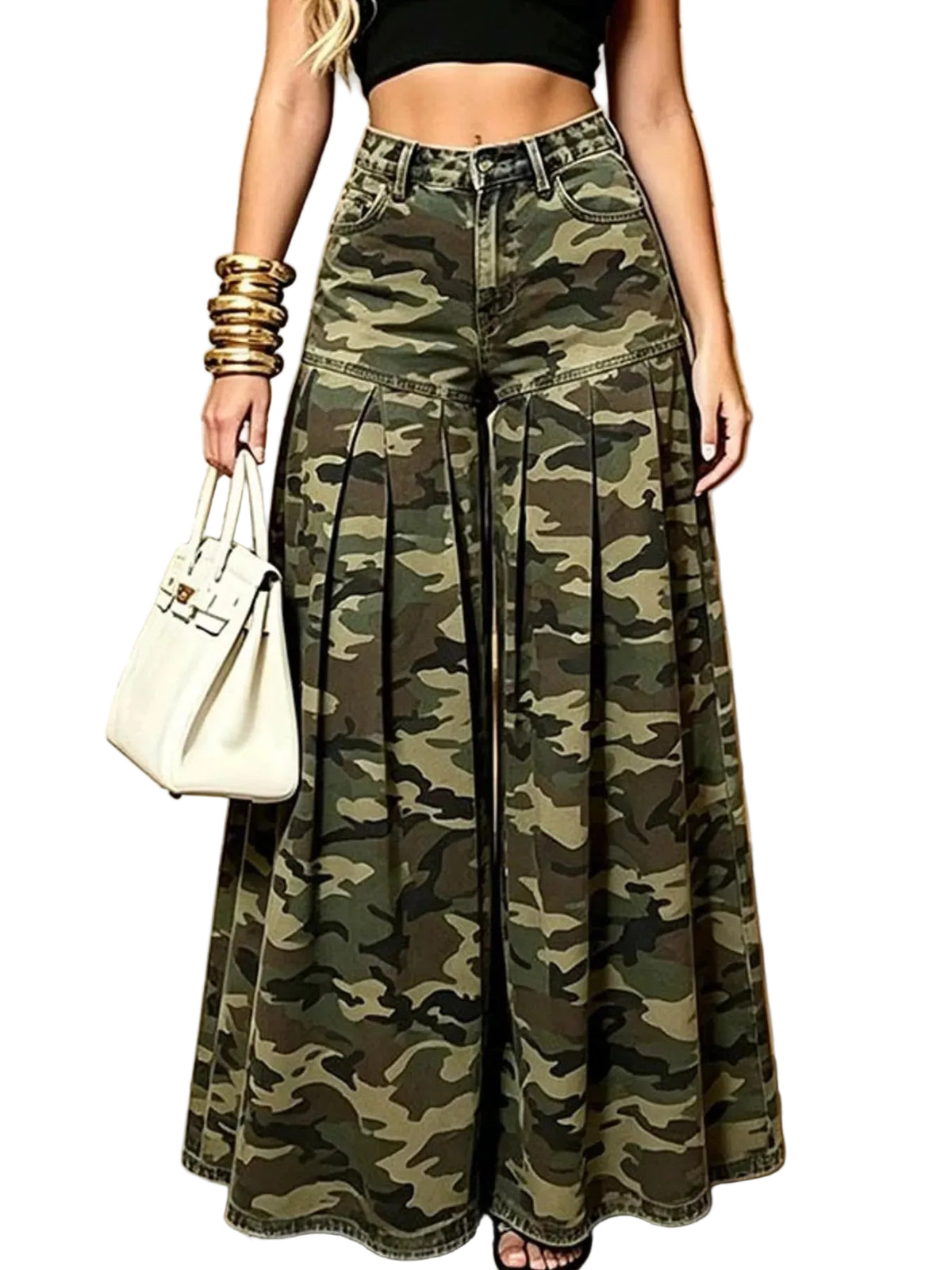A model wearing high-waisted, wide-leg camouflage pants, styled with a black crop top, gold bracelets, and a white handbag while standing on stone stairs.