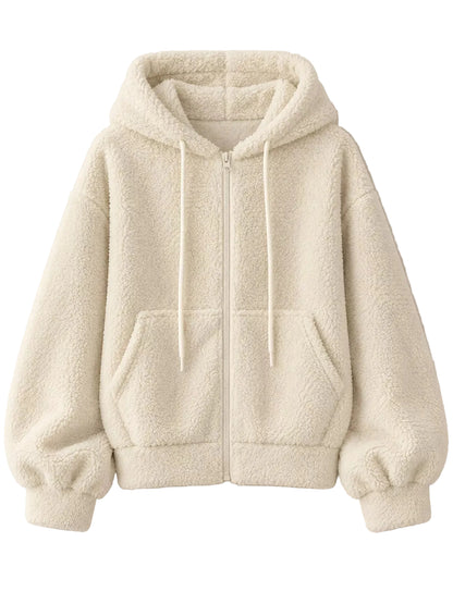 Cream-colored sherpa zip-up hoodie with a drawstring hood and front pockets, shown against a solid light beige background.