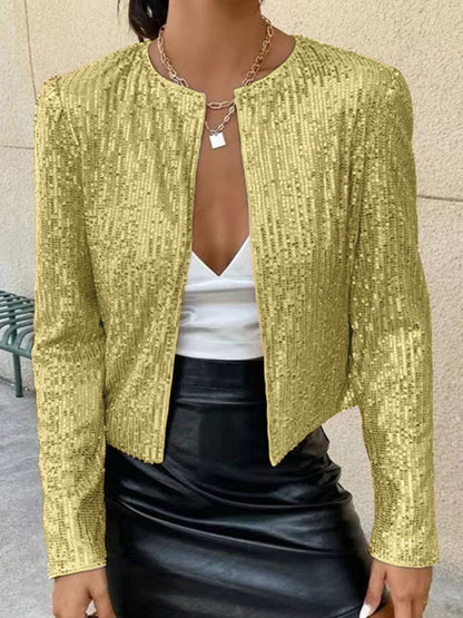 Full Size Sequin Open Front Cropped Jacket