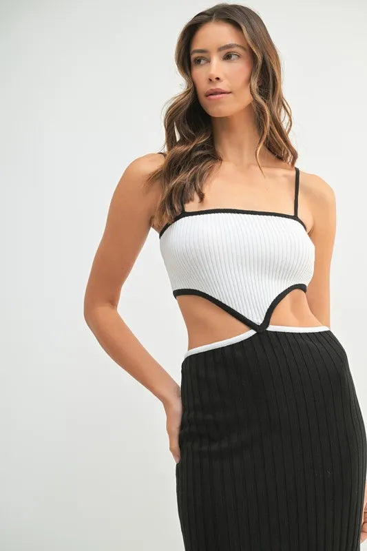 Ribbed Knit Color Block Cutout Midi Dress.