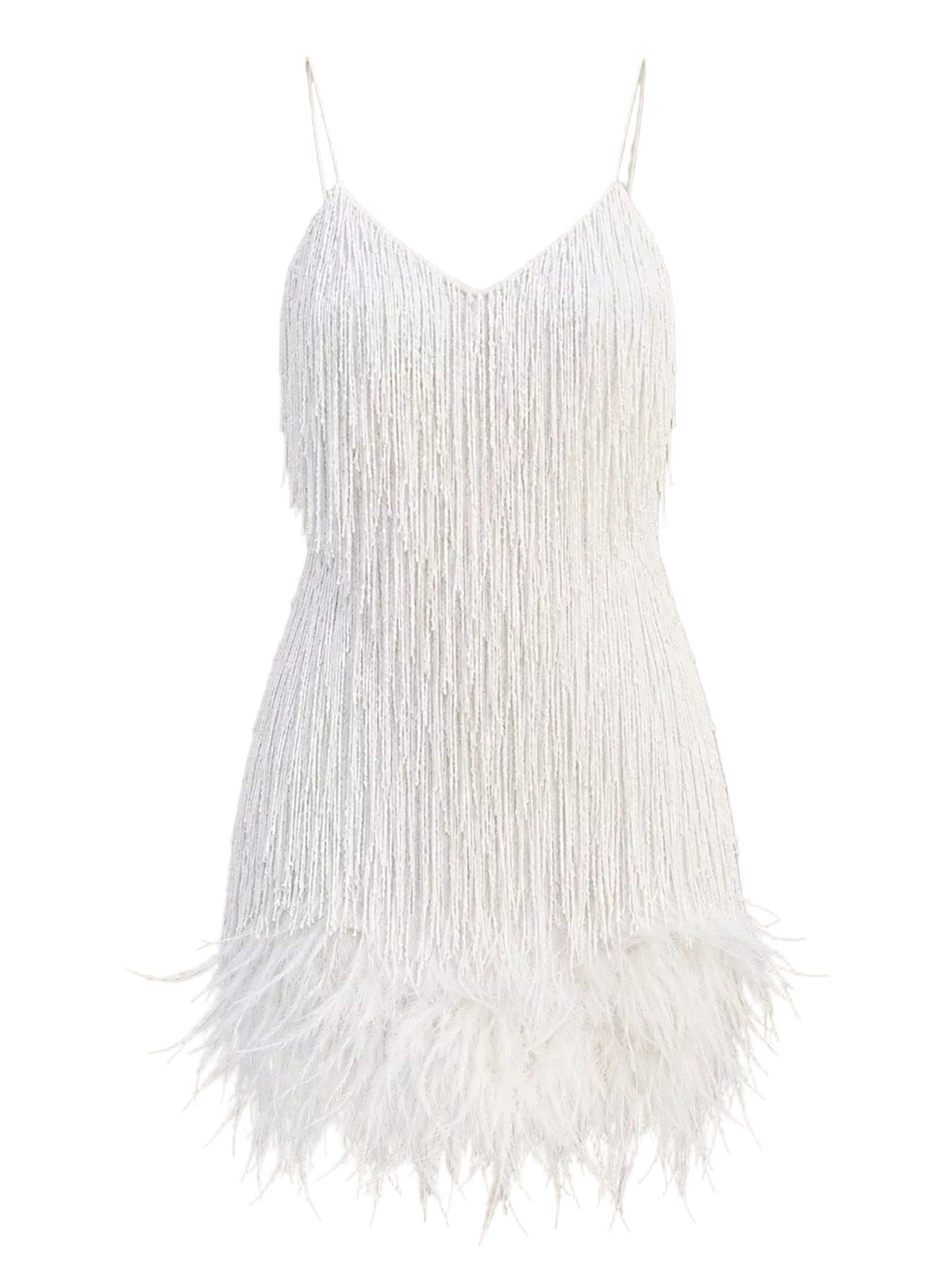 White fringed spaghetti-strap mini dress with a feathered hem, shown against a solid beige background.