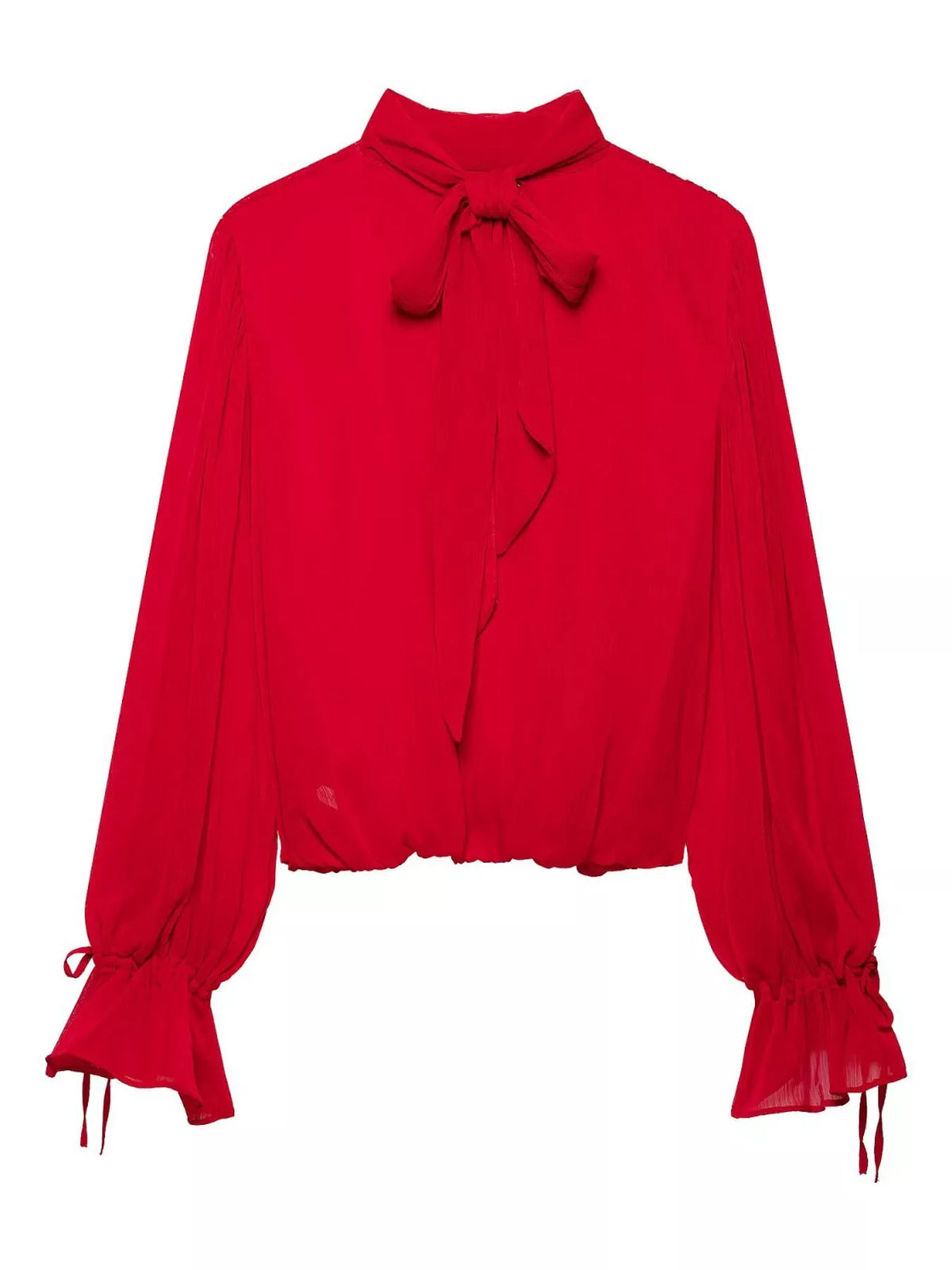 A bright red long-sleeve blouse with a high collar, a front bow tie, gathered cuffs, and drawstring details, shown against a plain white background.