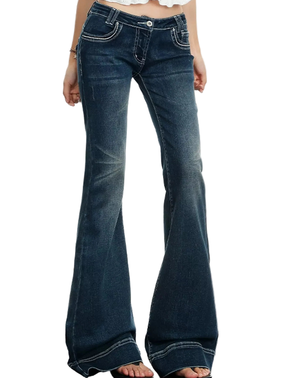 Vintage Low-Rise Flared Jeans with Contrast Stitching