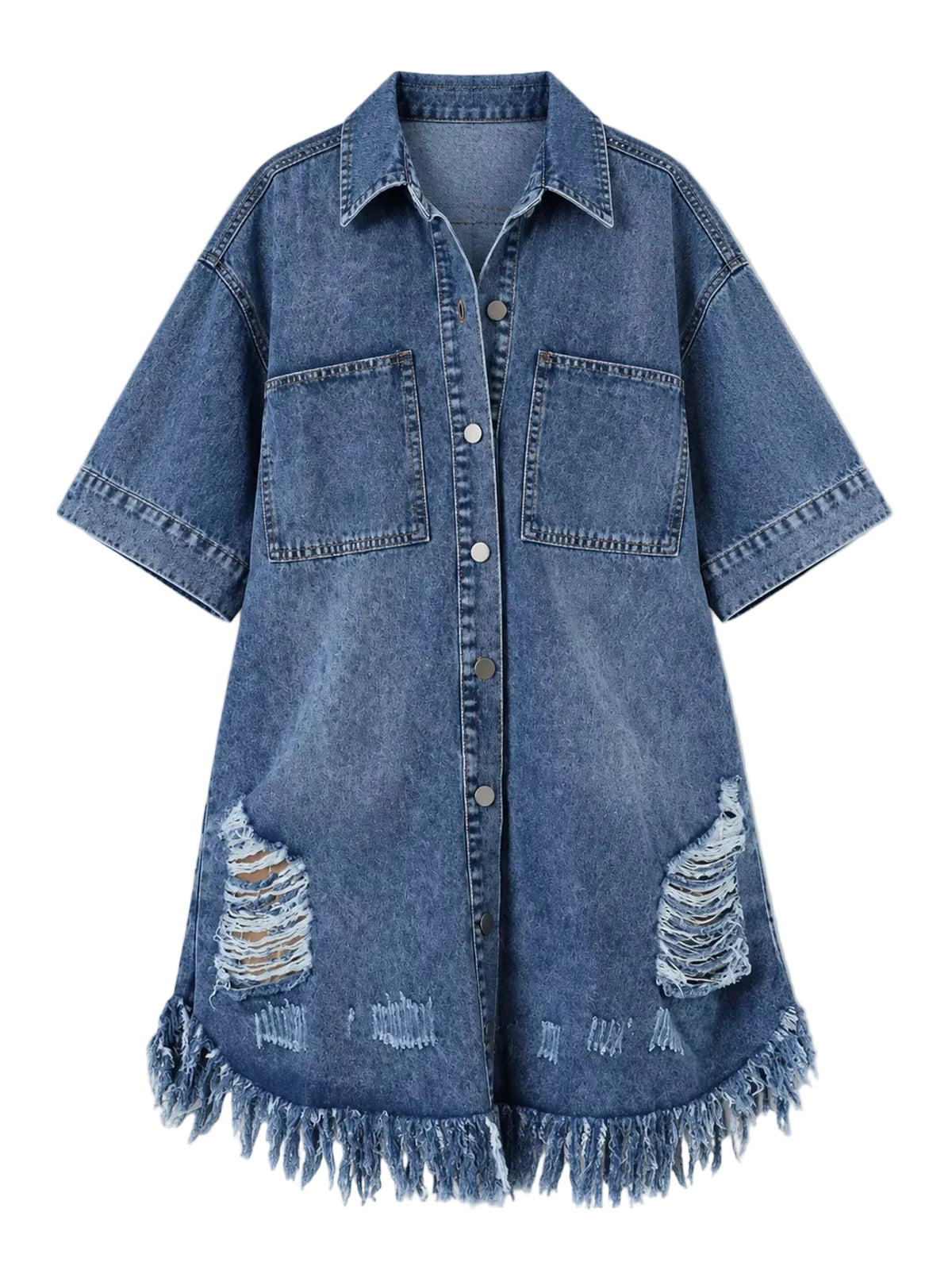 A blue denim shirt dress with short sleeves, a button-up front, two chest pockets, distressed rips near the lower front, and fringe trim along the hem, shown on a light gray background.