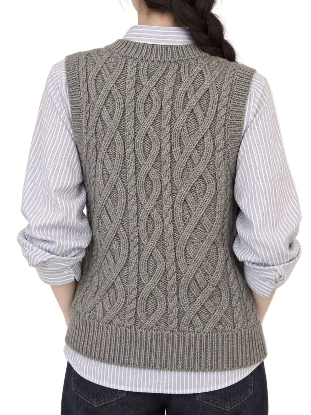 A person shown from the back wearing a gray cable-knit sweater vest over a white and gray striped button-up shirt, paired with dark jeans, against a plain light background.