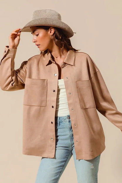 Suede Snap Shacket with Collar and Pockets.