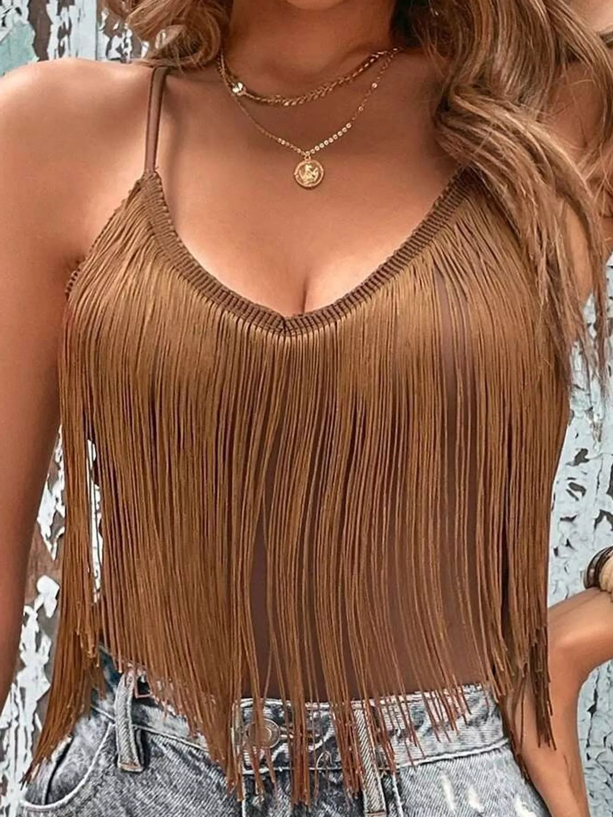 V-neck cami with fringe trim