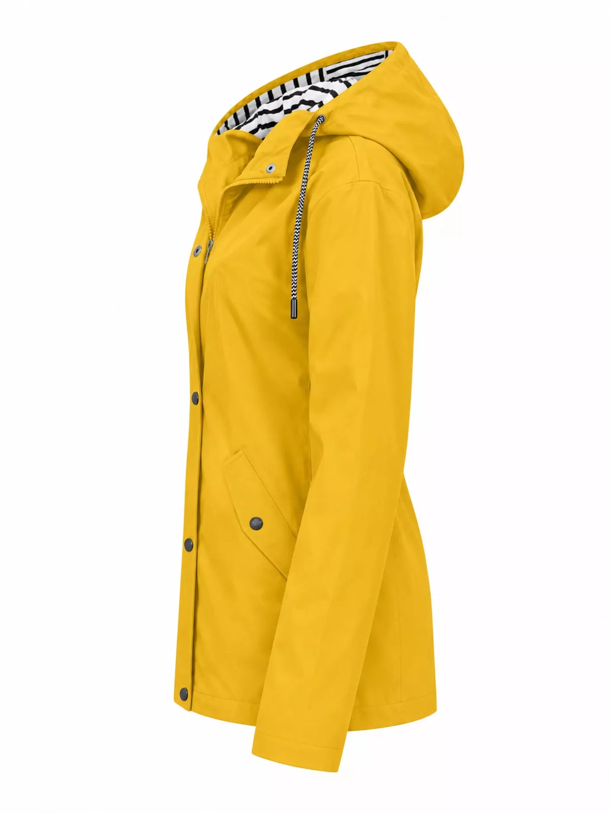 A bright yellow hooded raincoat shown in a side profile view against a plain white background. The coat features a black and white zebra-patterned lining inside the hood, a front snap-button closure, and a zippered pocket on the upper chest.