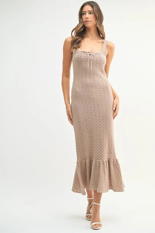 Ruffled Hem Sleeveless Crochet Knit Midi Dress.