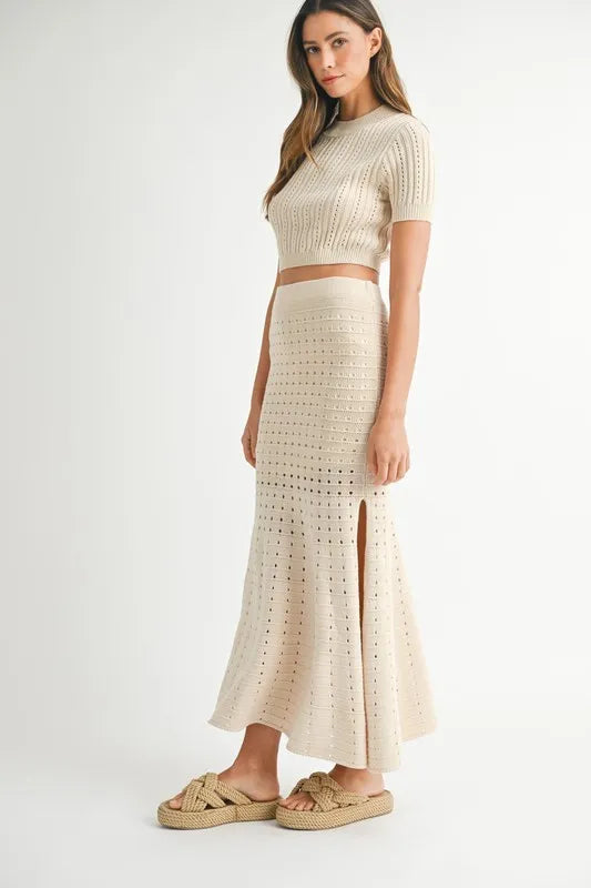 Pointelle Short Sleeve Crop Top and Slit Skirt Sweater Set.