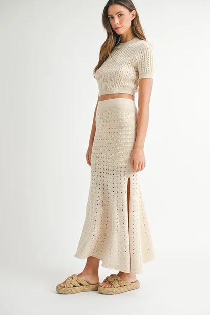 Pointelle Short Sleeve Crop Top and Slit Skirt Sweater Set.