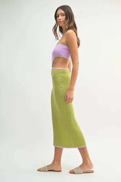 Ribbed Knit Color Block Cutout Midi Dress.