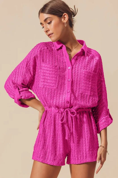 Textured Knit Button Front Romper.