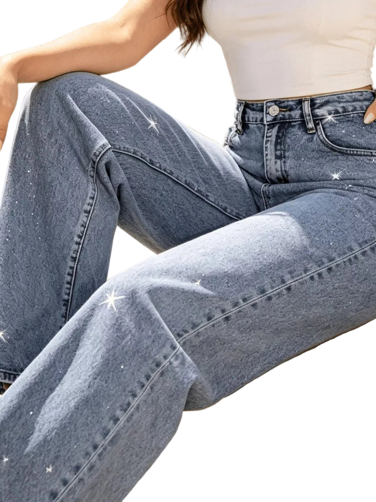 High-Waisted Acid Wash Sparkle Wide-Leg Jeans