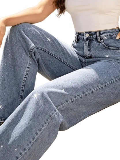 High-Waisted Acid Wash Sparkle Wide-Leg Jeans