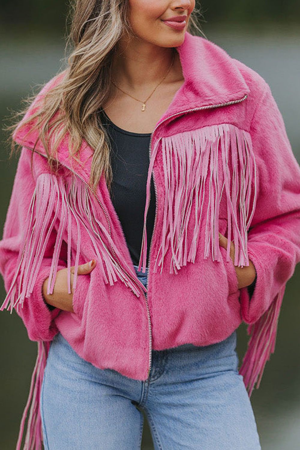 Fringed Zip Up Fleece Jacket