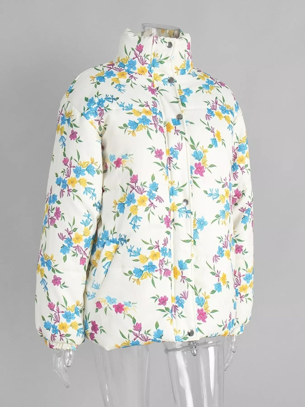 Floral print puffer jacket with stand collar