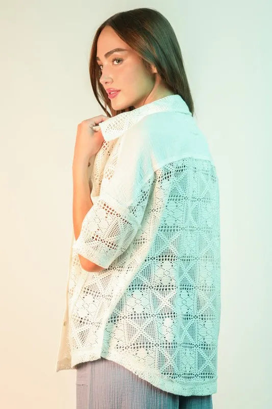 Oversized Crochet Button Down Shirt Top.
