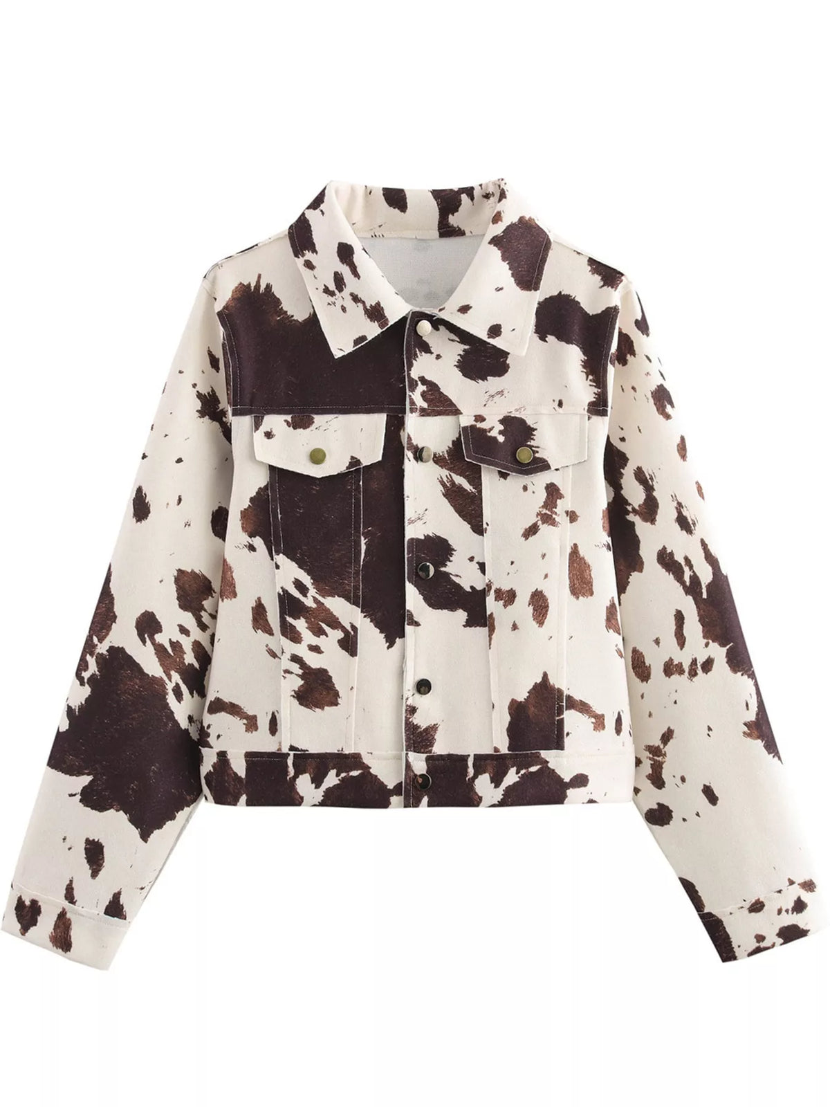 A cropped denim jacket featuring a brown and off-white cow print pattern, with a solid dark brown yoke on the upper chest and collar, shown against a plain white background.