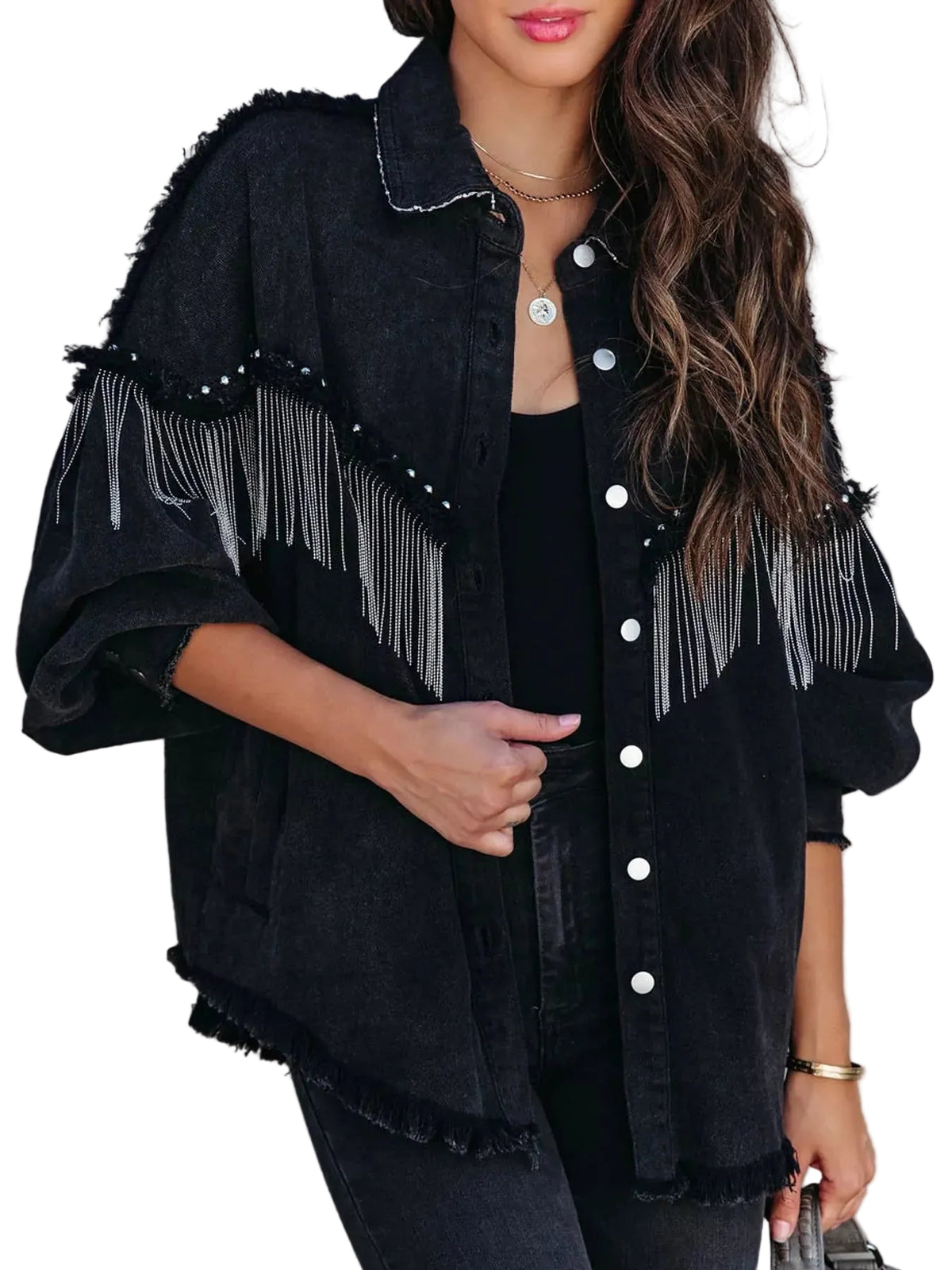 Fringe embellished washed denim jacket