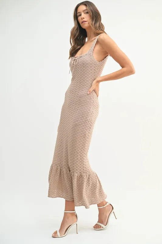 Ruffled Hem Sleeveless Crochet Knit Midi Dress.