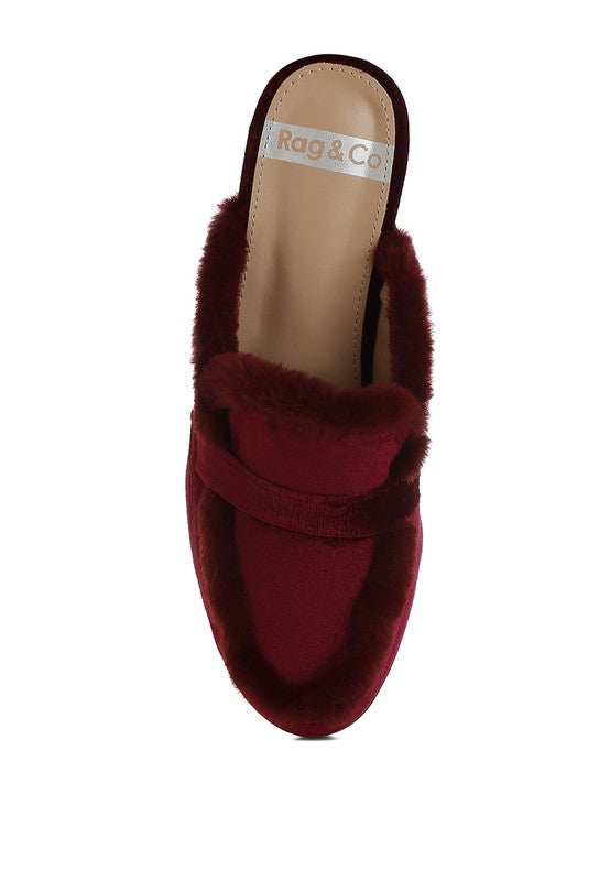 Seyhan Fur Detail Velvet Slip-On Mules