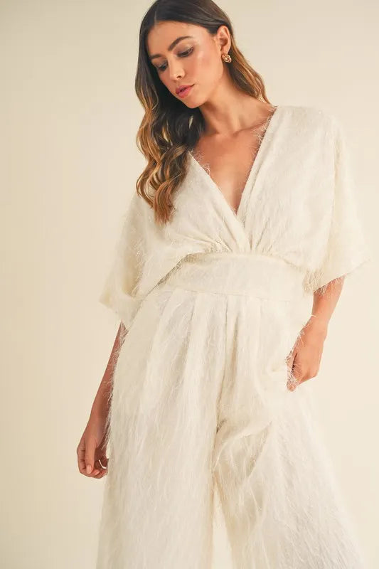 Fluffy Deep V Neck Wide Leg Jumpsuit.