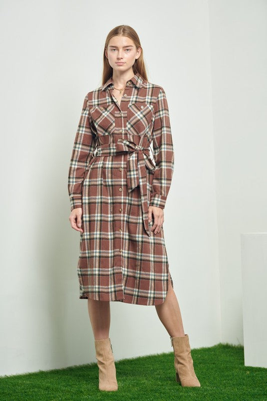 Plaid Print Collar Long Shirt Dress