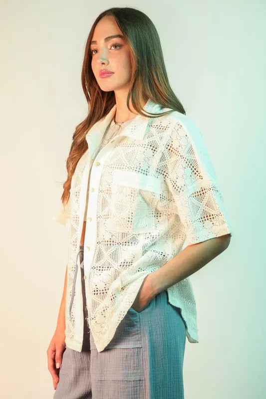 Oversized Crochet Button Down Shirt Top.