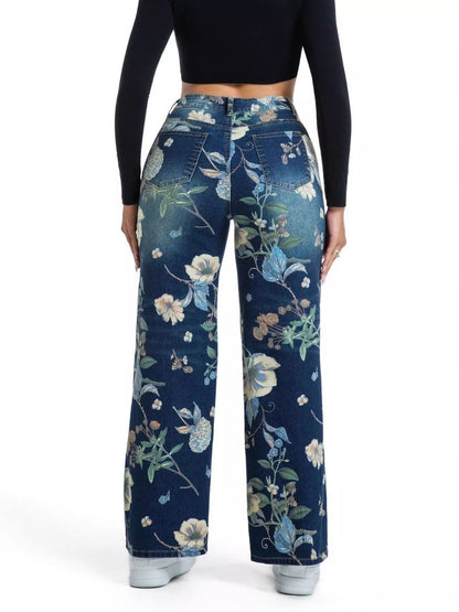 High-waisted floral print wide-leg jeans