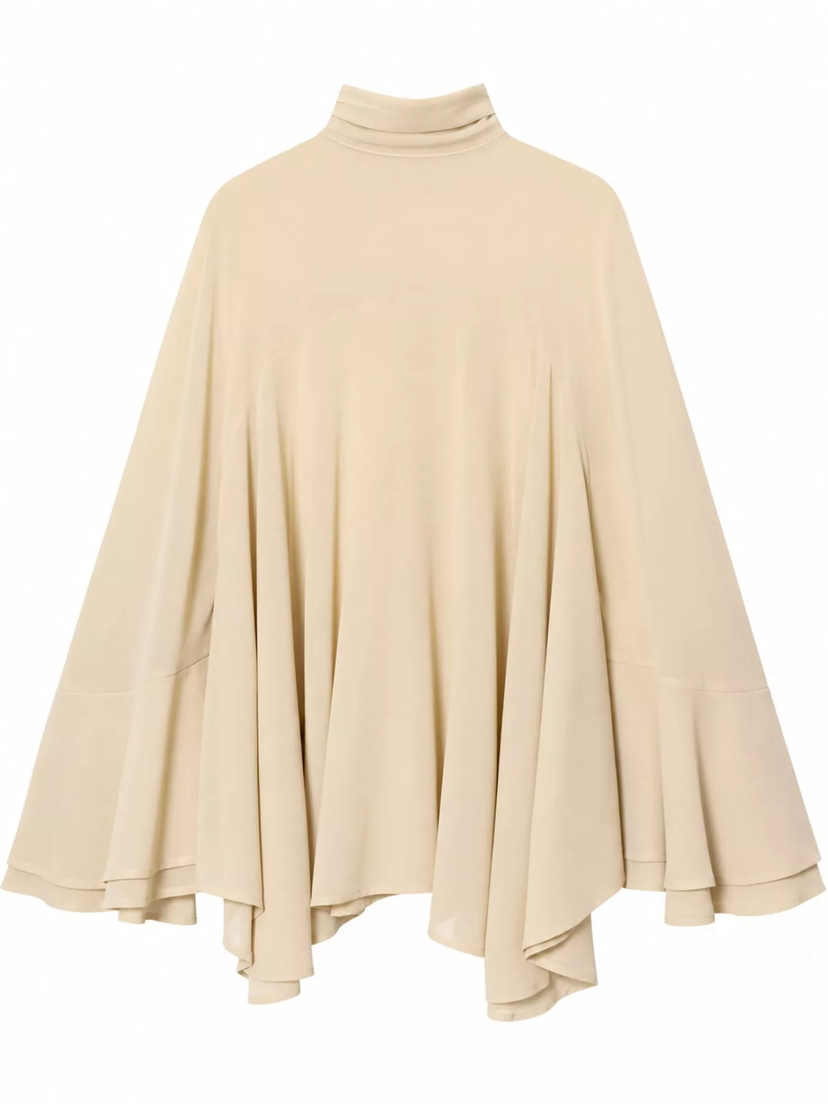 A beige high-neck cape poncho top with wide flared sleeves and an asymmetrical draped hem, shown against a plain white background.