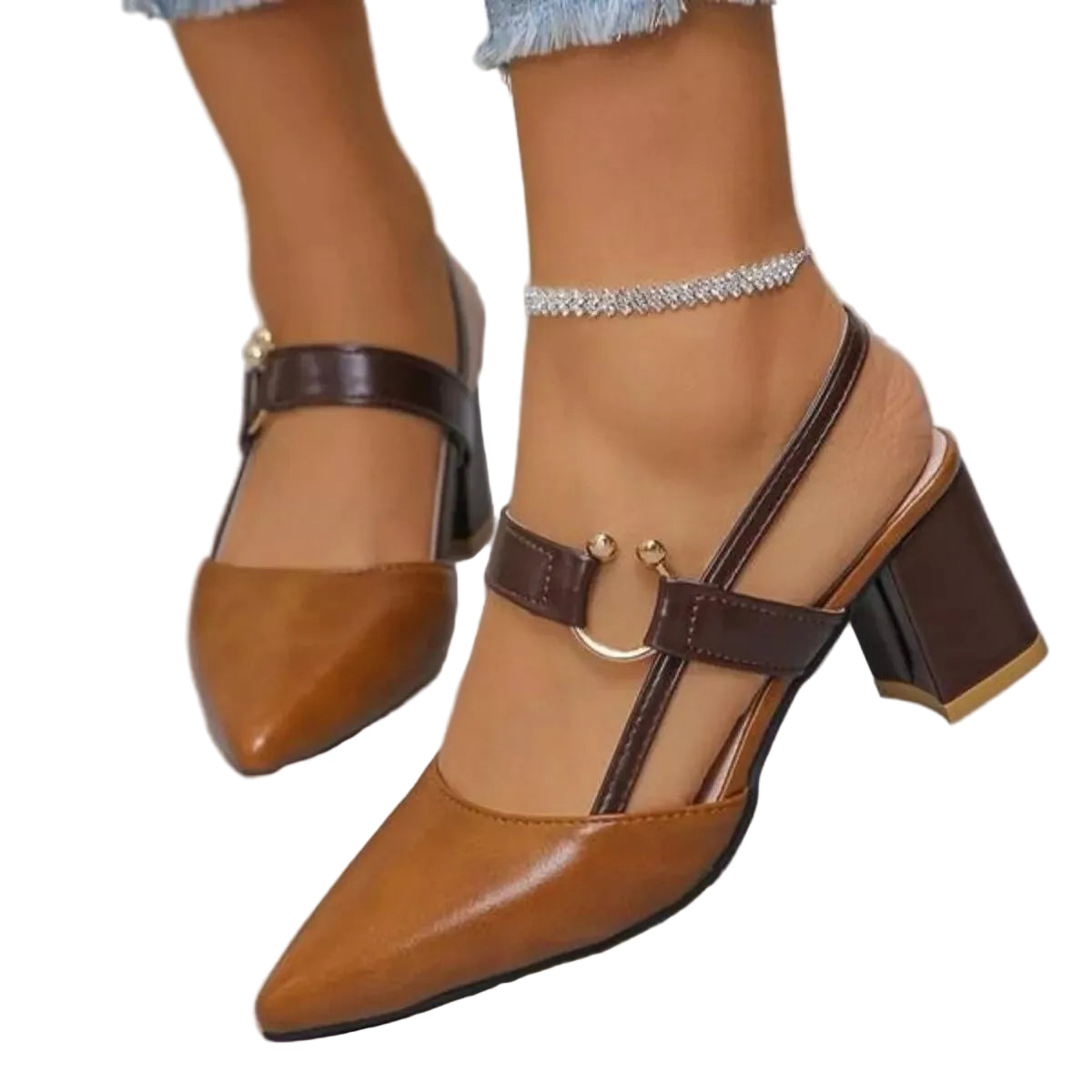 A pair of women's pointed-toe block-heel mules in tan and dark brown, shown on a model's feet. The shoes feature a dark brown ankle strap with a gold-tone ring detail and a rhinestone-embellished ankle bracelet visible on the model's other foot.