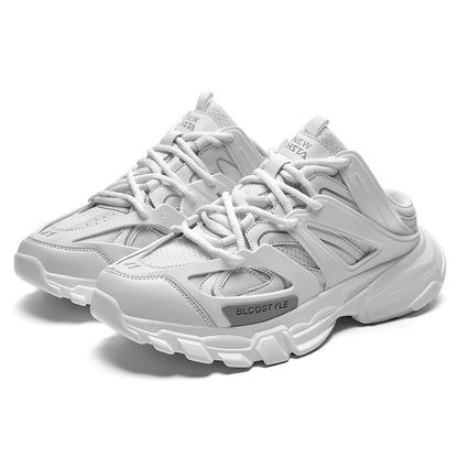 White sneakers with brand logo on a white background