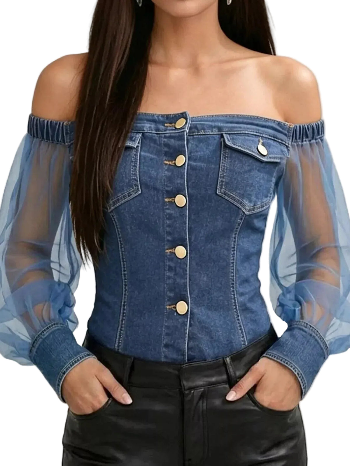 A woman wearing a blue denim off-the-shoulder corset top with sheer tulle puff sleeves and gold-tone buttons, paired with black leather pants.