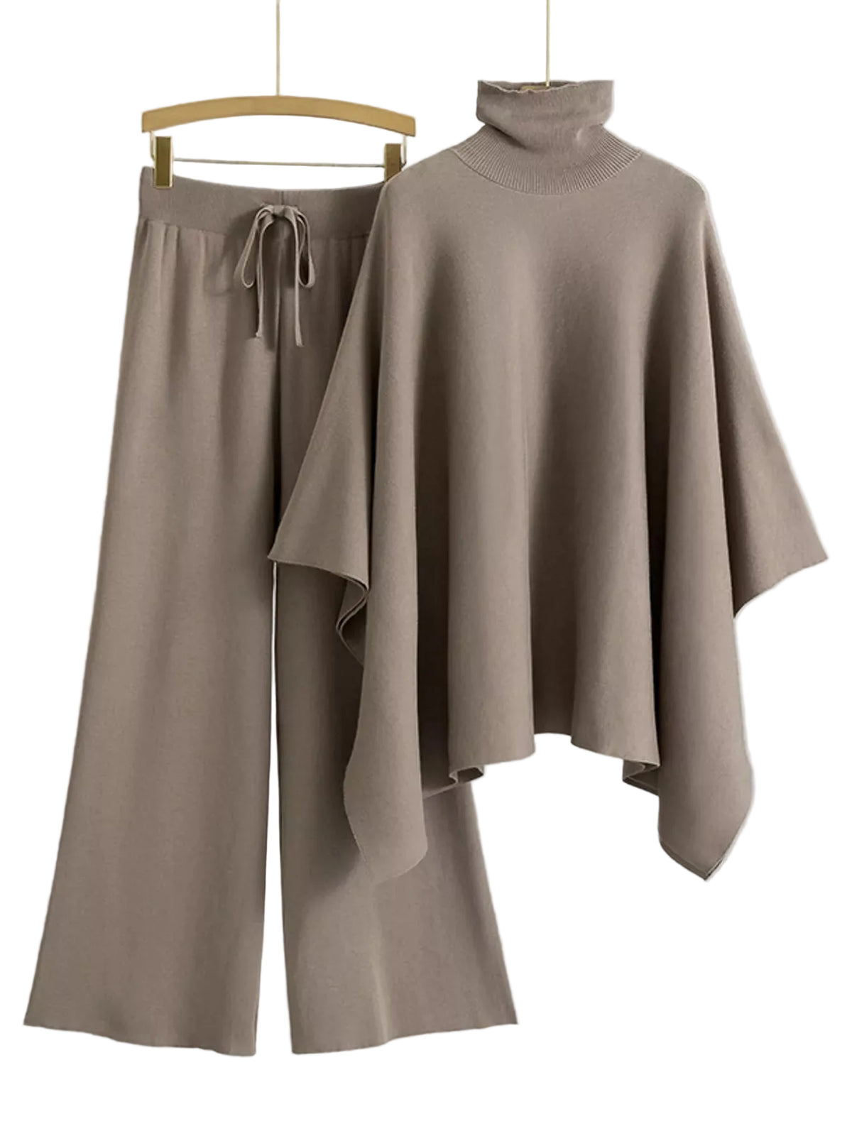 A two-piece women's lounge set in taupe, featuring a high-neck draped poncho top and matching wide-leg drawstring pants, displayed on wooden hangers against a neutral gray background.