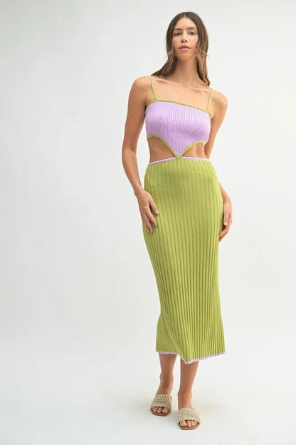 Ribbed Knit Color Block Cutout Midi Dress.
