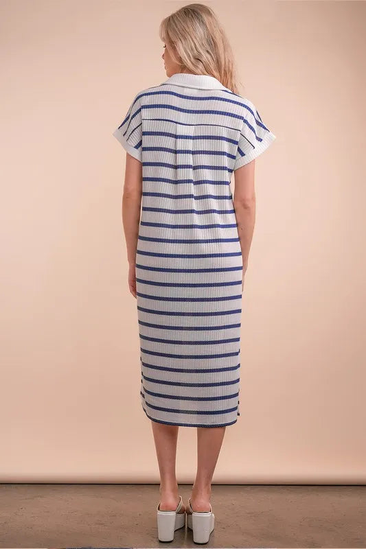 Oversized Collared Striped Knit Midi Dress.