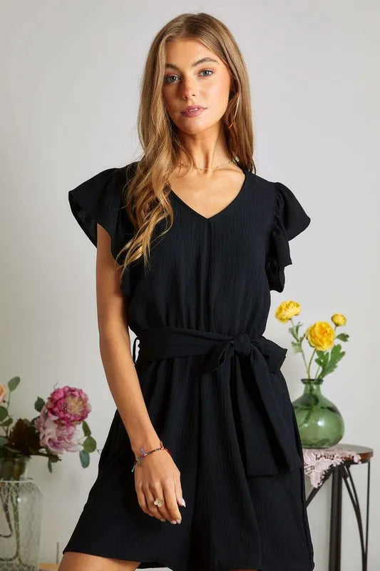 Ruffle Sleeves Romper with Pockets.