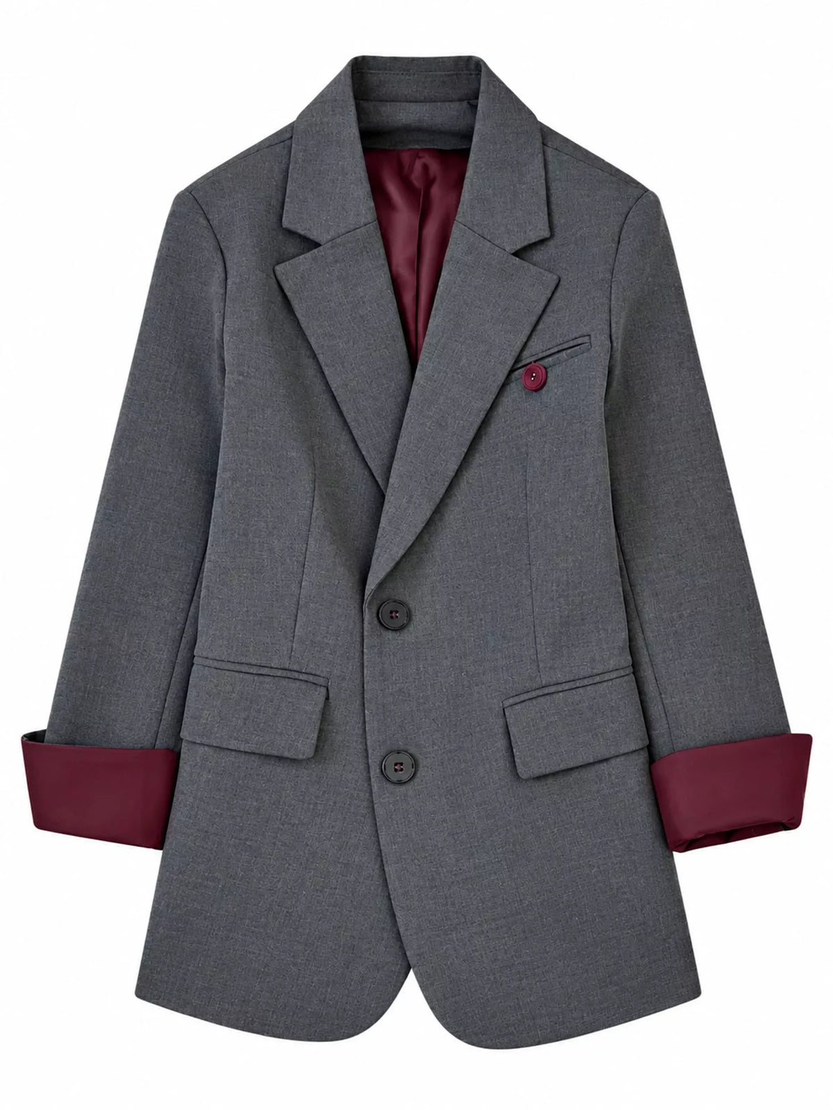 A gray double-breasted blazer with a dark burgundy lining visible at the collar, cuffs, and pocket, featuring a matching burgundy button on the chest pocket.