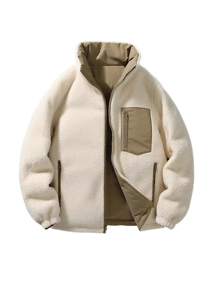 A beige sherpa fleece jacket with a high collar, featuring a tan zippered chest pocket and matching tan inner lining, displayed on a clean white background.